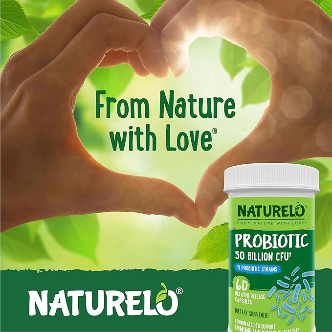 NATURELO Probiotics for Digestive Health 50 Billion CFU 60 Vegetarian Capsules 11 Strains Daily Use Supplement Delayed Release No-Fridge Boosts Immune System Probiotics for Women &amp Men