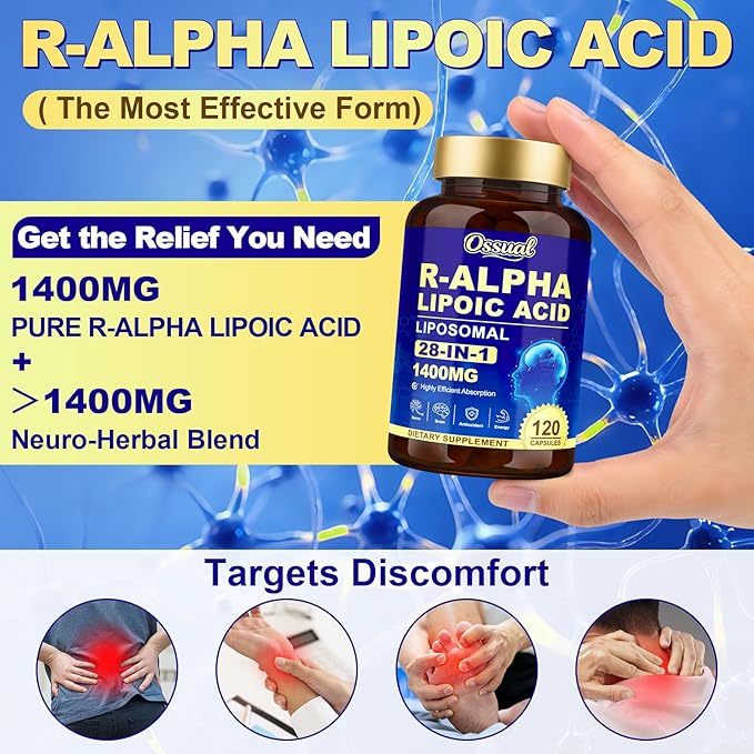 1400MG R Alpha Lipoic Acid 28-in-1 Stabilized ALA Supplements Neuropathy Supplements with L-Carnitine NAC &amp B-Complex R-ALA Supplement Antioxidant for Nerve Brain Energy丨Vegan 240 Capsules