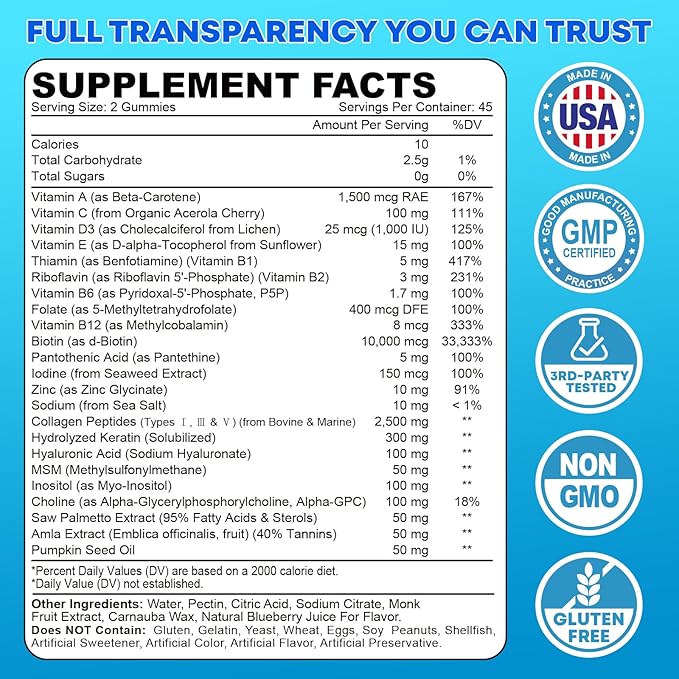 Biotin Gummies 10000mcg with Collagen - 23-in-1 Hair Growth Gummies for Women &amp Men - Hair Skin and Nails Gummies with Keratin &amp Saw Palmetto - Sugar Free Non-GMO Blueberry 180 Count