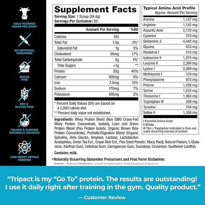 Nutrology Post Workout Bundle - Tripact Protein &amp BCAA Natural Powder - Non-GMO Enchance Recovery Boost Immune Health Super Foods and Probiotic Gluten Free