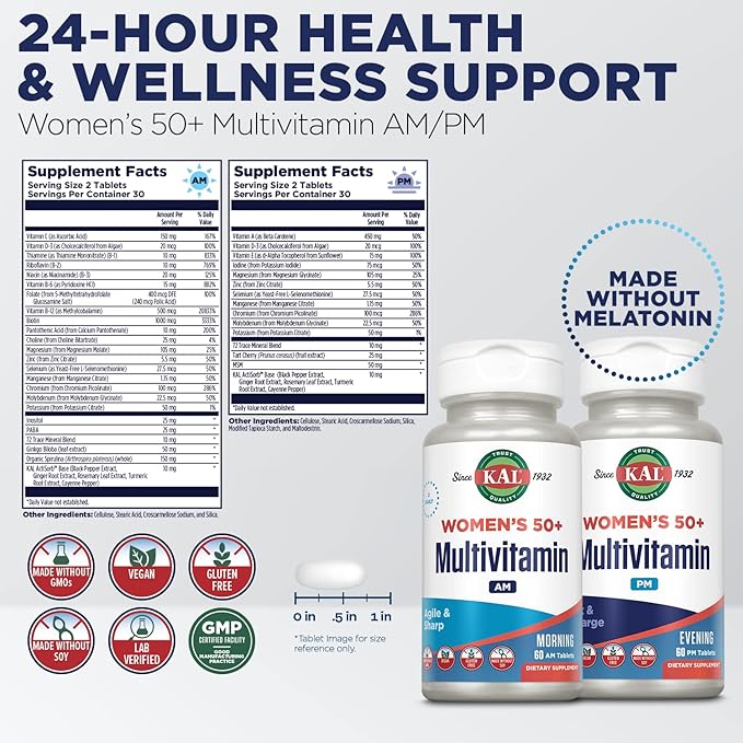 KAL Plus 2-in-1 Multivitamin for Women 50+ AM/PM Vitamin B and D Biotin Ginkgo Biloba Bone Strength and Immune Support Made Without GMOs and Soy Vegan 30 Servings 120 Tablets