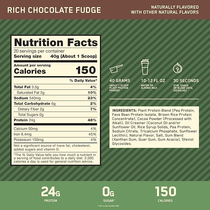 Optimum Nutrition Gold Standard 100% Plant Based Protein Powder Gluten Free Vegan Protein for Muscle Support and Recovery with Amino Acids - Rich Chocolate Fudge 20 Servings (Packaging May Vary)