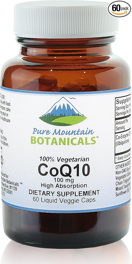 Pure Mountain Botanicals Coq10 100mg Softgels - 60 Vegan Kosher Capsules with Ubiqunone Coenzyme Q10 Supplement
