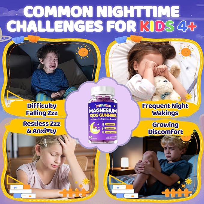 Kid’s 4+ Magnesium Glycinate Gummies: Extra Strength Melatonin Free Magnesium Bisglycinate 100mg 200mg Supplement with L-Theanine B6 D3 Omega3 for Overall Health - Zzz Aid for Kids(120Count)