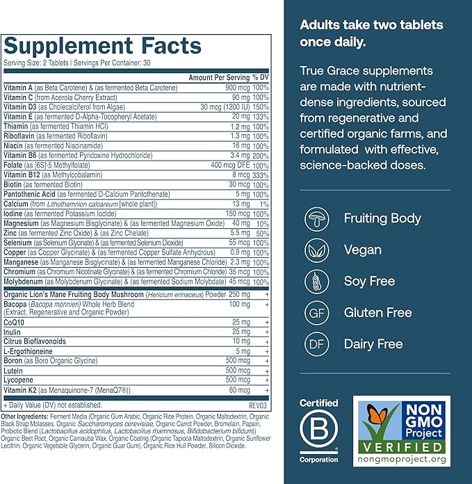True Grace Daily Men’s Multivitamin 50+ - 60 Easy-to-Swallow Tablets - Immune Energy Longevity &amp Memory Support - Gluten Free Soy Free Vegan - 30 Servings