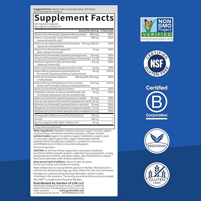 Garden of Life Dr. Formulated Multi+ Stress &amp Mood Fermented Liposomal Multivitamin + Ashwagandha B Vitamins &amp Probiotics - 60 Capsules Whole Food Vitamin &amp Mineral Supplement