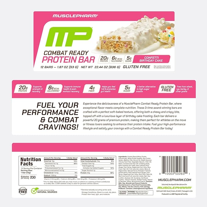 MusclePharm Combat Ready Protein Bar Confetti Cake High Protein Bars Combat Cravings Fuel Performance &amp Meet Energy Demands 20g Protein from Whey Protein 4g Fiber Gluten Free 12 Bars