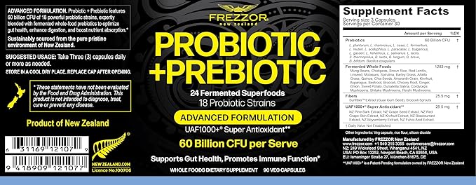FREZZOR Probiotic + Prebiotic Capsules Once Daily 60 Billion CFUs Digestive Health for Men and Women 18 Strains Shelf Stable With Fermented Wholefoods Prebiotic &amp Fibre 540 caps 6 Month Su