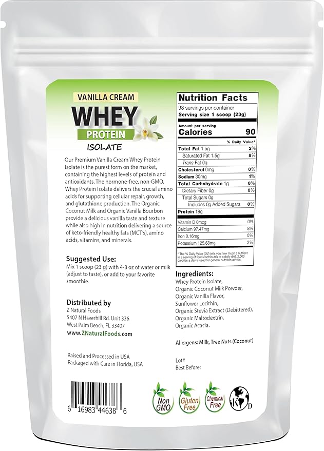 Z Natural Foods Vanilla Cream Whey Protein Isolate Nutrition-Rich Flavorful Protein Powder for Heart Health and Immunity Great in Tea Coffee Smoothie Non-GMO Gluten-Free Kosher 5 lbs