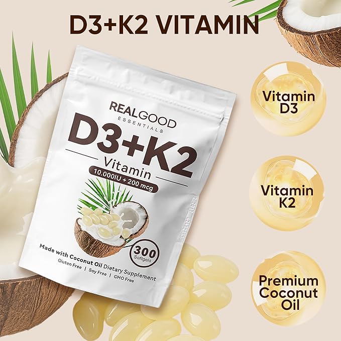 Real Good Essentials Vitamin D3 K2 Real Good D3+K2 (MK7) Coconut Oil Softgels Immune Supports Bone Support Easy to Swallow Non-GMO Gluten Free 300 Softgels