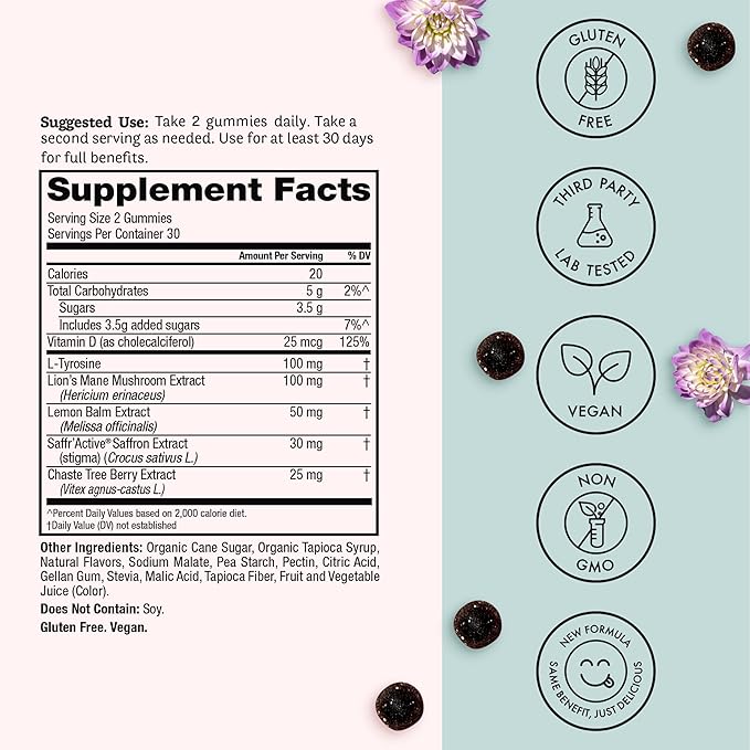 Winged Wellness Happy Her Mood Gummies - Daily Mood Enhancer Support Supplement for Women - Vitamin D with Saffron Lemon Balm &amp Lions Mane Mushrooms for Balance &amp Calming Relief - 50 Vegan G
