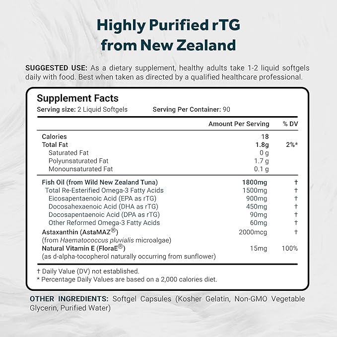 Naturalis Ultimate rTG Omega 3 Fish Oil 1800mg from Wild New Zealand Tuna | IFOS Certified &amp Sustainably Sourced | Full Spectrum Omega3s EPA DHA &amp DPA | 180 Softgels