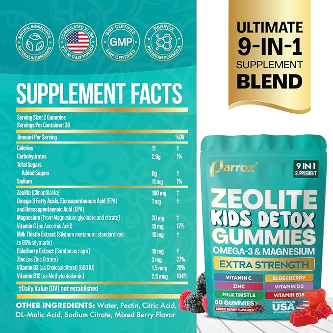 Zeolite Kids Detox Gummies 9-in-1 Extra Strength with Zeolite Omega-3 Magnesium Elderberry Vitamin C Milk Thistle Vitamin D3 Zinc B12 – Sugar-Free (Mixed Berry Flavor - 2 Pack)