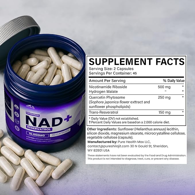 PHM NAD Resveratrol Supplement - 10000MG Extra Strength | NAD+ Liposomal Supplements for Men and Women | NMN &amp NMNH Alternative | 90 Capsules 1.5 Months Supply