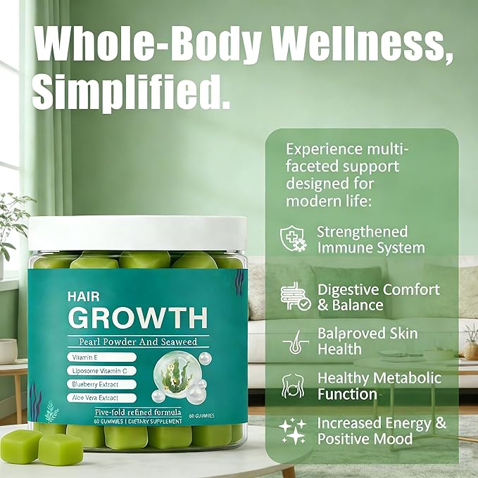 Seaweed Hair Growth Gummies - Supports Faster Hair Growth Stronger Nails &amp Glowing Skin with Pearl Powder Liposomal Vitamin C Vitamin E &amp Aloe Vera - 5X Refined Formula 60 Count for Women