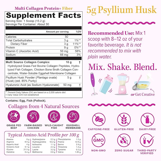 Vitauthority Multi Collagen Protein Powder + Fiber Supplement Collagen Types I II III V &amp X | Hair Skin Nail &amp Digestive Support | Vitamin C &amp Hyaluronic Acid Unflavored 30 Servings