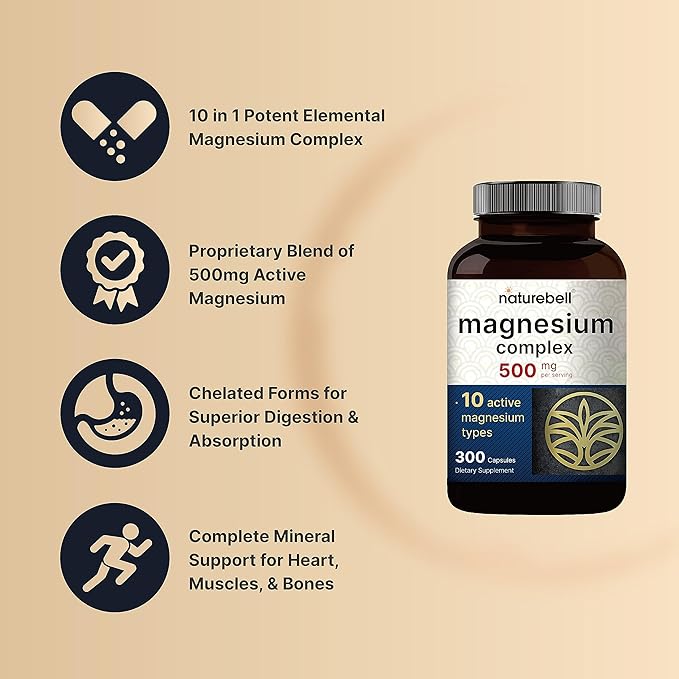 Magnesium Complex 500mg 300 Capsules | 10-in-1 Magnesium Glycinate Citrate Malate &amp More | Chelated Form for Easy Absorption | Non-GMO
