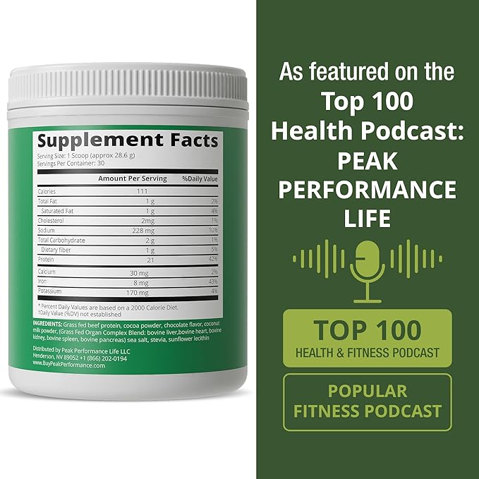 Grass Fed Beef Protein Powder + Organ Complex - Lactose Free Great Tasting Beef Protein Isolate - Animal Based Non Dairy No Whey Paleo Carnivore Supplement for Muscle Building - Chocolate Flavor
