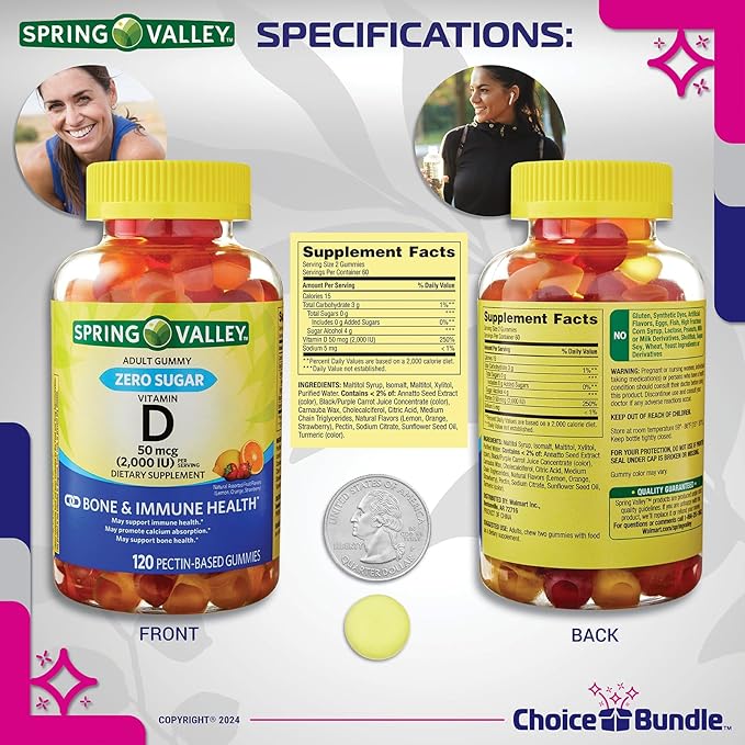 Choice Bundle Spring Valley Zero Sugar Vitamin D 50 mcg Gummies 120 Ct 4 pk (480 Total) Plus Vitamin Guide &amp Pill Container (6 Items)!