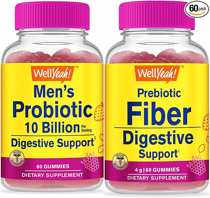 WellYeah Probiotic Men 10B CFUs + Prebiotic Fiber Gummies Bundle - Great Tasting Vitamin Supplement Gluten Free GMO Free Chewable Gummy