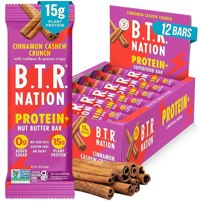 B.T.R. Nation Vegan Keto Plant Based High Protein &amp High Fiber Bars - Cinnamon Cashew Crunch Protein+ | 12 Bars | Low Carb &amp GF Free of Sugar Alcohols Dairy Soy and with Powerful Superfoods
