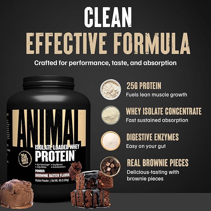 Animal Whey Isolate Protein Powder - Loaded for Pre &amp Post Workout Muscle Builder and Recovery with Digestive Enzymes for Men &amp Women - 25g Protein Great Taste Low Sugar - Brownie Batter 4 l