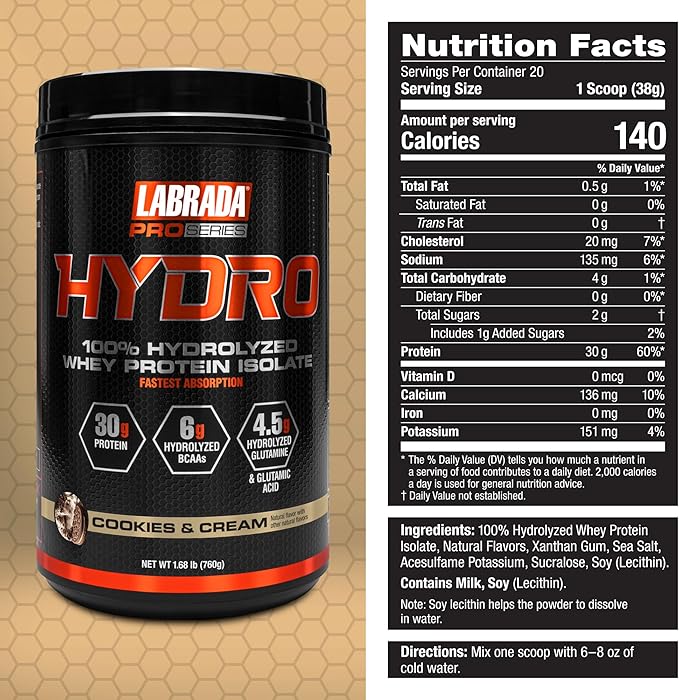 Labrada Hydro 100% Pure Hydrolyzed Whey Protein Isolate Powder Lactose free 6g BCAA’s 4.5g Glutamine Fastest Digesting Whey Available Instant Mixing Delicious Taste 20 Servings (Cookies &amp Cr