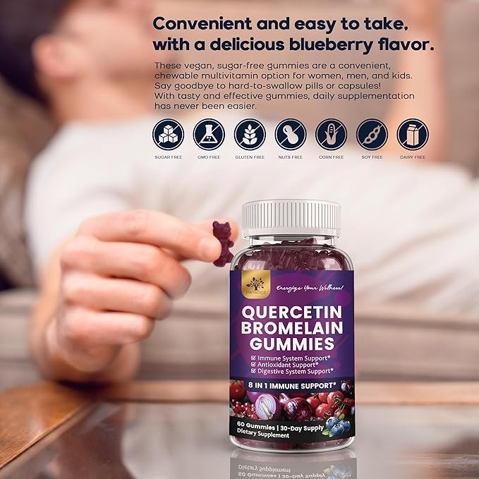 (2 Pack) Quercetin Gummies with Bromelain Zinc Elderberry Vitamin C D3 K2 Quercetin 1000mg Supplement with Bromelain 500mg for Cardiovascular Immune System &amp Allergy Vegan Gummy for Adult &amp
