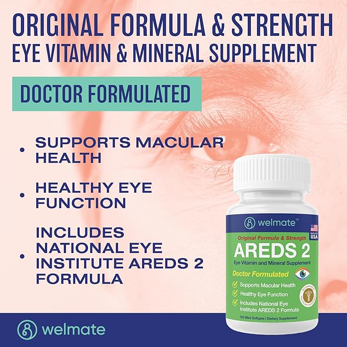 WELMATE - AREDS 2 (60 Servings) - Eye Vitamin and Mineral Supplement - Vitamin C Zinc Lutein Zeaxanthin - Macular Health - Doctor Formulated &amp Tested - Eye Care - Gluten Free - 120 Mini Softgel