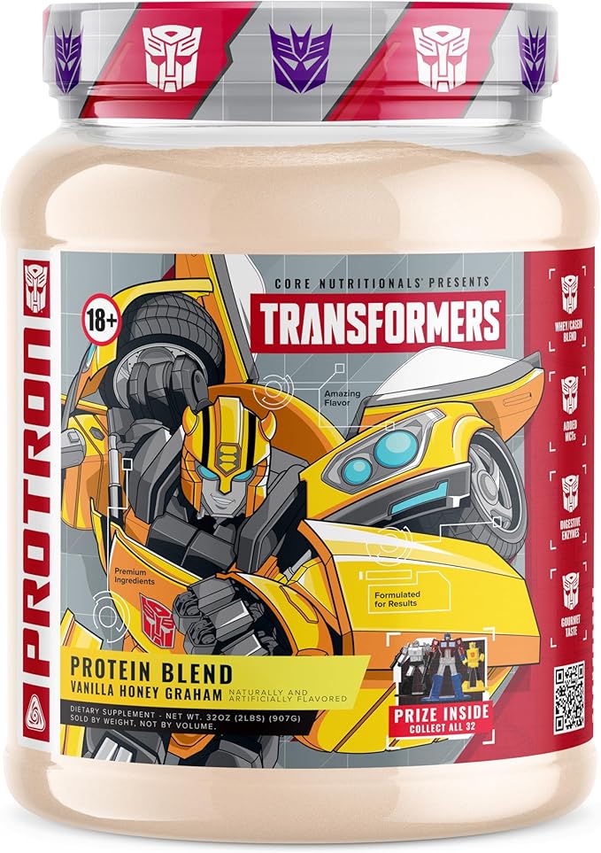 Core Nutritionals Transformers Protron Protein | Whey + Casein Blend | MCTs &amp Digestive Enzymes | 25g Protein | Free Prize Inside - Bumblebee | 2 Pound (Honey Vanilla Graham)