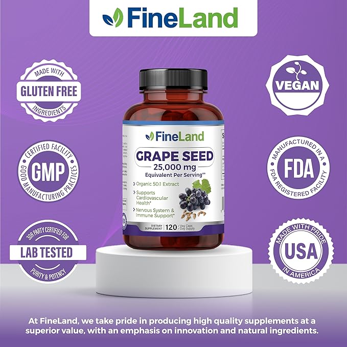 FineLand Grape Seed Extract 50:1 – 25000mg Equivalent per Capsule – 120 Vegan Capsules – Rich in Antioxidants | Heart Immune &amp Circulation Support – Non-GMO | Made in USA