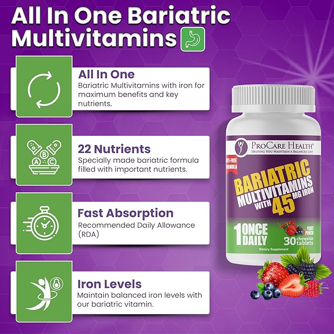 Procare Health Bariatric Multivitamin with Iron 45mg Chewable (30 Tablets) - Fruit Punch Flavor Bariatric Multivitamin Chewable Pills for Gastric Bypass &amp Sleeve Gastrectomy Patients (01 Month Sup