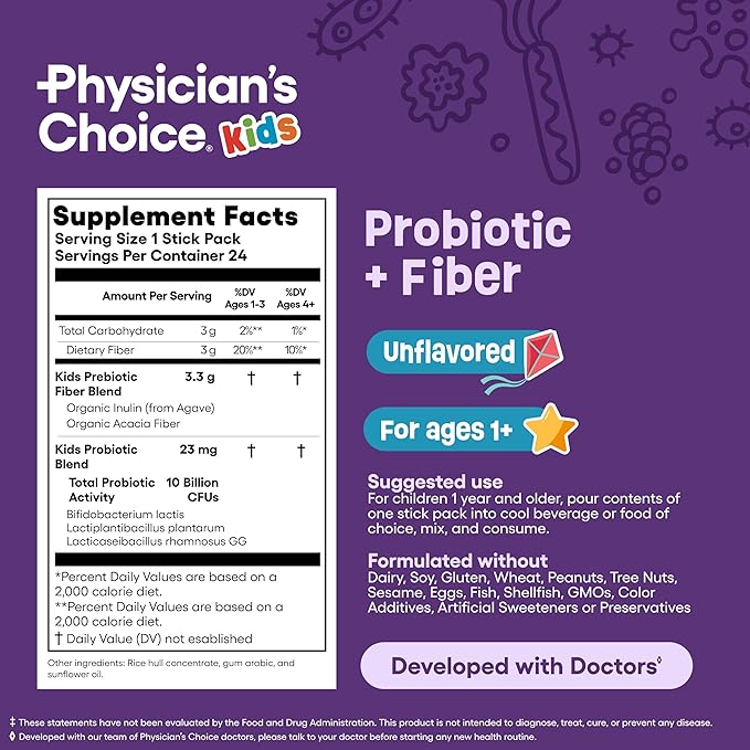 Physician's Choice Kids Probiotic + Prebiotic Fiber Packets (Ages 1+) - Supports Regularity Occasional Constipation &amp A Healthy Digestive System - No Allergens or Preservatives - Unflavored - 24
