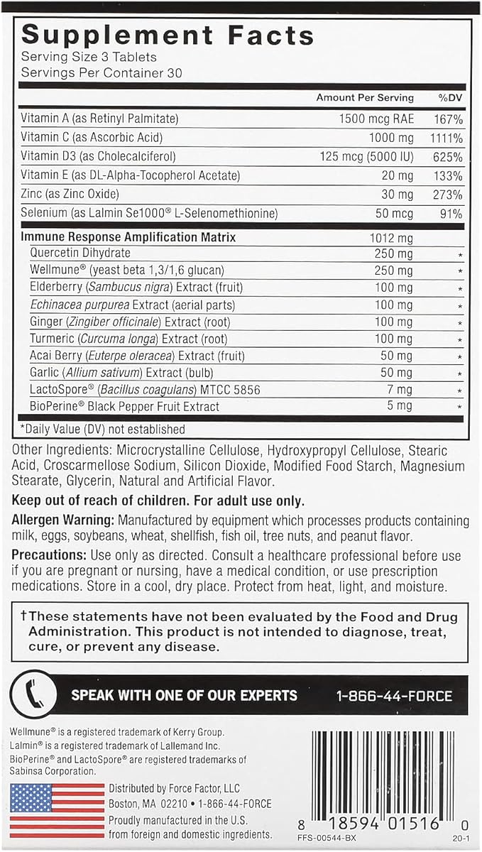 Force Factor Immunity Immune Support Booster with Elderberry and 1000mg of Vitamin C Plus Vitamin D Zinc Probiotics Quercetin Antioxidants and Echinacea for Immune Health Defense 90 Tablets