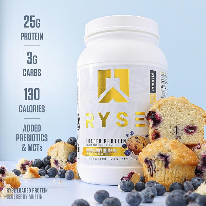 RYSE Loaded Protein Powder - Blueberry Muffin - 25g Whey Protein Isolate &amp Concentrate with Prebiotic Fiber &amp MCTs - Low Carb Low Sugar Digestive-Friendly - 20 Servings / 1.5 lb Tub
