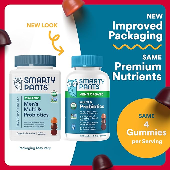 SmartyPants Multivitamin for Men Organic Gummies: Probiotics CoQ10 Methylfolate Omega 3 (ALA) Vitamin D3 C Vitamin B12 B6 A K &amp Zinc for Immune Support Biotin 120 Gummies (30 Day Suppl