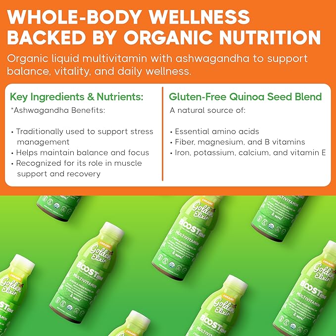 BoostMe Golden Elixir Liquid Multivitamin - Daily Vitamins Superfood with Antioxidant Blend &amp Balanced Wellness Formula Liquid - Plant-Based Immune Support Supplement for Everyday Balance &amp He