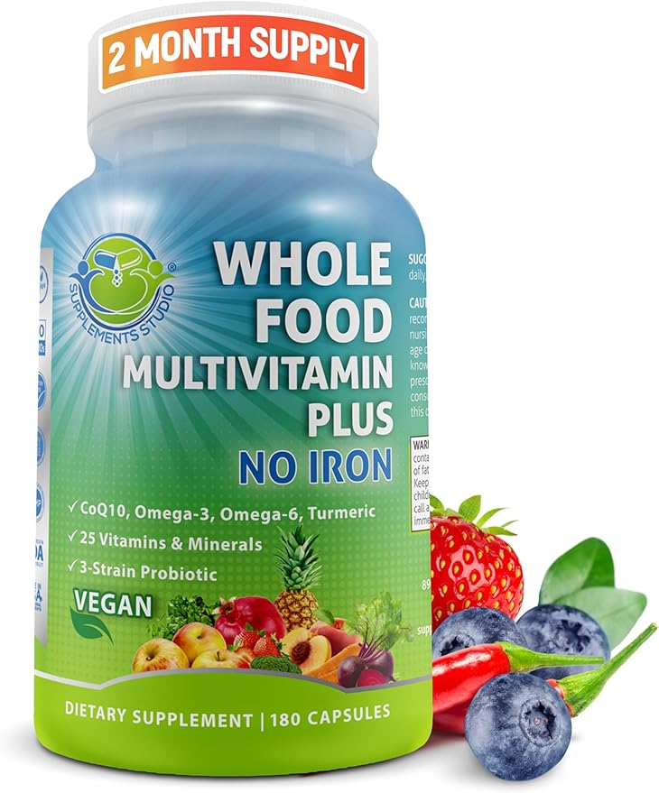 Vegan Whole Food Daily Multivitamin Without Iron Methylated Multivitamin for Women and Men Made with Fruits &amp Vegetables B-Complex Probiotics Enzymes CoQ10 Omegas Turmeric Non-GMO 180 Co