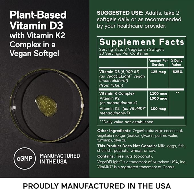 SMARTERNUTRITION Vegan Vitamin D3 5000 IU + Natural Vitamin K2 1100 mcg in Organic Coconut &amp Olive Oil - D3 K2 Supplement for Immune &amp Bone Support - 180 Softgels[90 Day Supply]