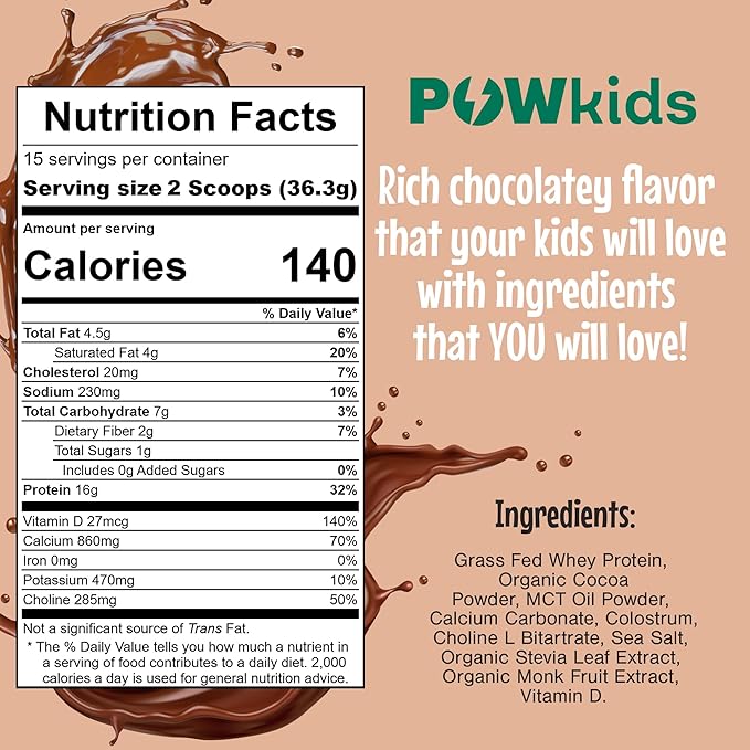 Kids Protein Shake Powder 16g – Zero Sugar Organic Ingredients Grass-Fed Whey Proteins – Calcium &amp Choline for Bone Strength &amp Brain Development Protein Shake 15-45 Servings – Chocolate