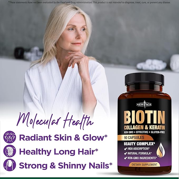 NEW AGE Biotin Collagen Keratin Hyaluronic Acid - 50000mcg Hair Growth Vitamins for Men and Women Nails Hair Skin Vitamins and DHT Blocker with Vitamin E Folic Acid Pumpkin Seed MSM- 180 Count
