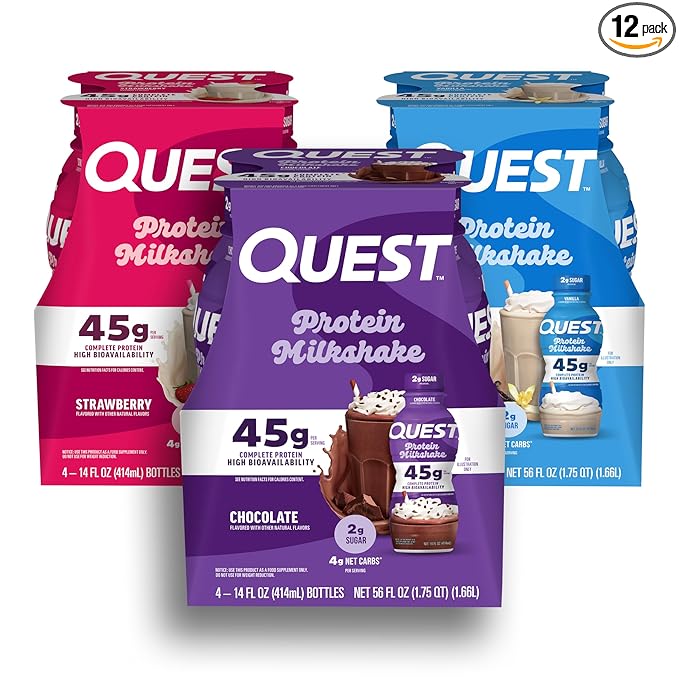 Quest Nutrition Protein Shake Vanilla Strawberry &amp Chocolate 45g Protein 2g Sugar Ready to Drink Gluten Free 12 Count (4 each Flavor)