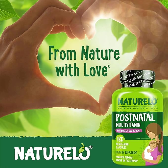 NATURELO Postnatal Multivitamin - Supplement for Breastfeeding Women - Plant-Based Vitamin D Folate Gentle Iron - for Nursing Mother Baby - Post Natal Lactation Support - 180 Count (Pack of 2)