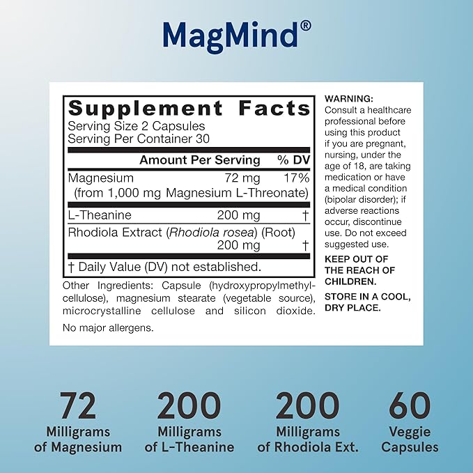 Jarrow Formulas Magnesium L-Threonate MagMind Stress Resistance with L-Theanine and Rhodiolife High Absorption Magnesium Stress Relief and Mood Support 60 Veggie Capsules Up to a 30 Day Supply
