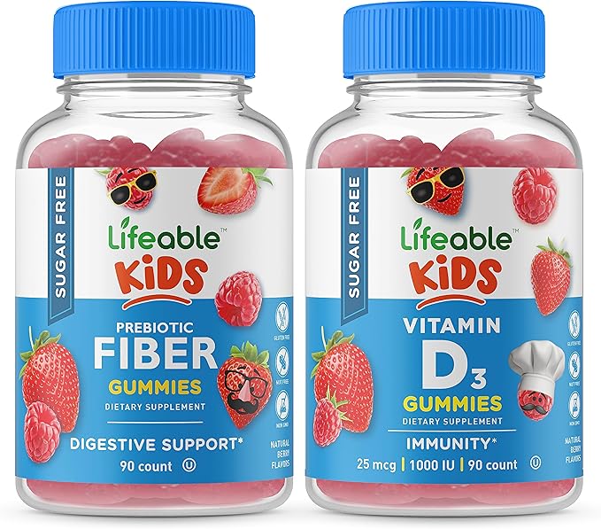Lifeable Sugar Free Preciotic Fiber Kids + Vitamin D Kids Gummies Bundle - Great Tasting Vitamin Supplement Gluten Free GMO Free Chewable Gummy