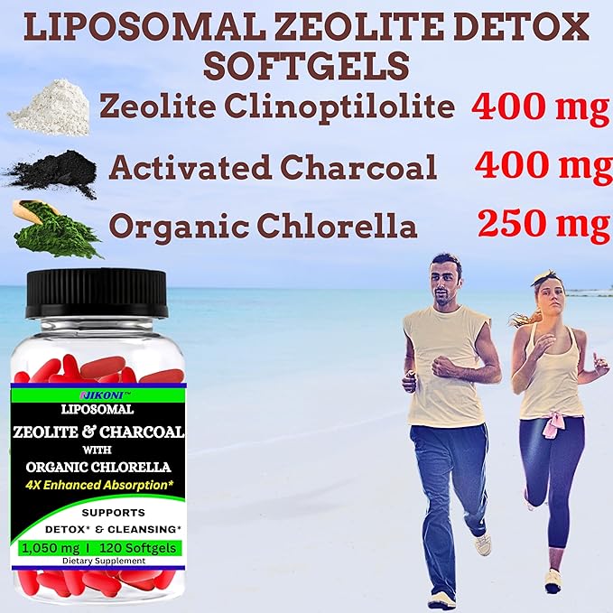 Nikoni Liposomal Zeolite Activated Charcoal &amp Organic Chlorella Supports Full Body Detox - 120 Vegan Softgels