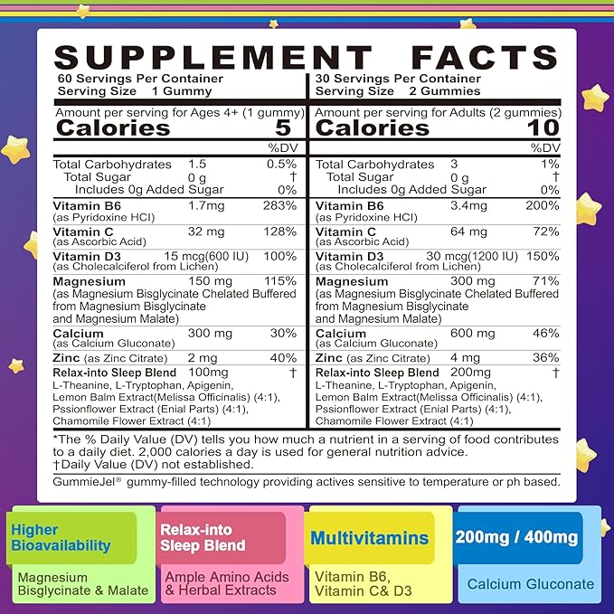 Neviss Magnesium Glycinate + Calcium Filled Gummies for Adults and Kids 4+ Kids Sleep Gummies Melatonin Free No Sugar Magnesium Supplement w/B6 D3 L-Theanine for Zzz Relax BrainBoneMuscle 2Pack