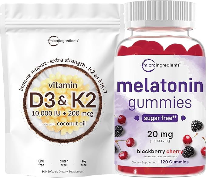 Micro Ingredients Melatonin Gummies &amp Vitamin D3 10000IU + K2 Softgels | Bundle | Sugar-Free BlackBerry Cherry Flavor | No Drug Non-Habit-Forming Ingredients | D &amp K Sunshine Vitamins + Coco