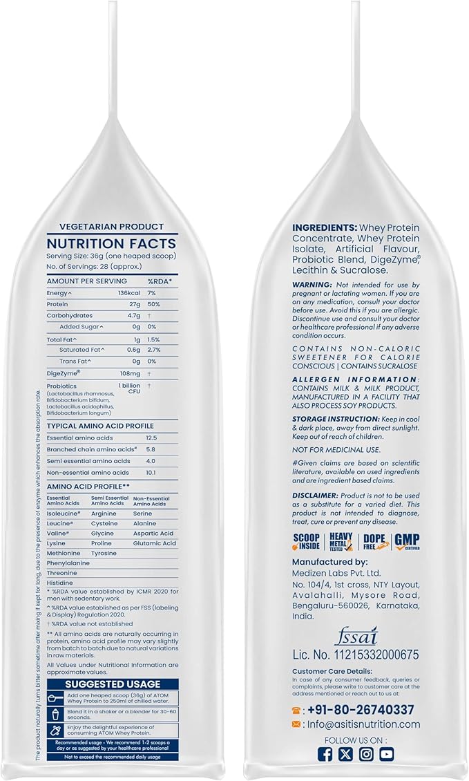 AS-IT-IS Atom Whey Protein 1kg/35.2 Oz With Digestive Enzymes | Usa Labdoor Certified for Accuracy &amp Purity | French Vanilla Flavor | 27g Protein | 5.7g Bcaaâ