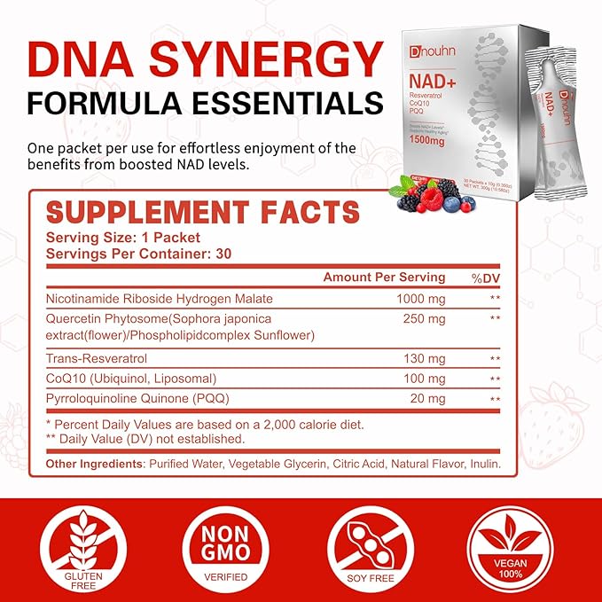 NAD Liquid Supplement 1500mg Nicotinamide Riboside &amp Resveratrol with PQQ NAD Supplement for Women &amp Men Boosts Cellular Energy Anti-Aging Immune Focus 30 Packets